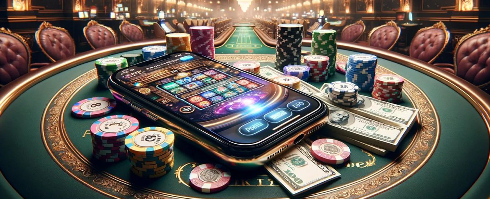 Dynamic casino scene with lucky 777 numbers and golden light